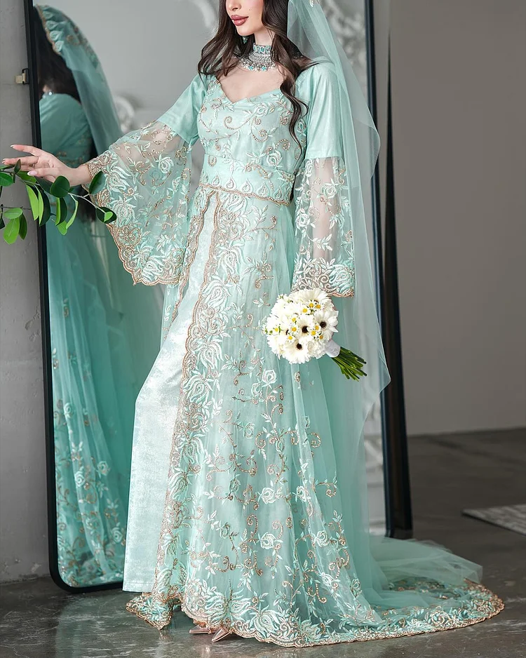 Women's Long Sleeves Bell Sleeves Embroidered Dress