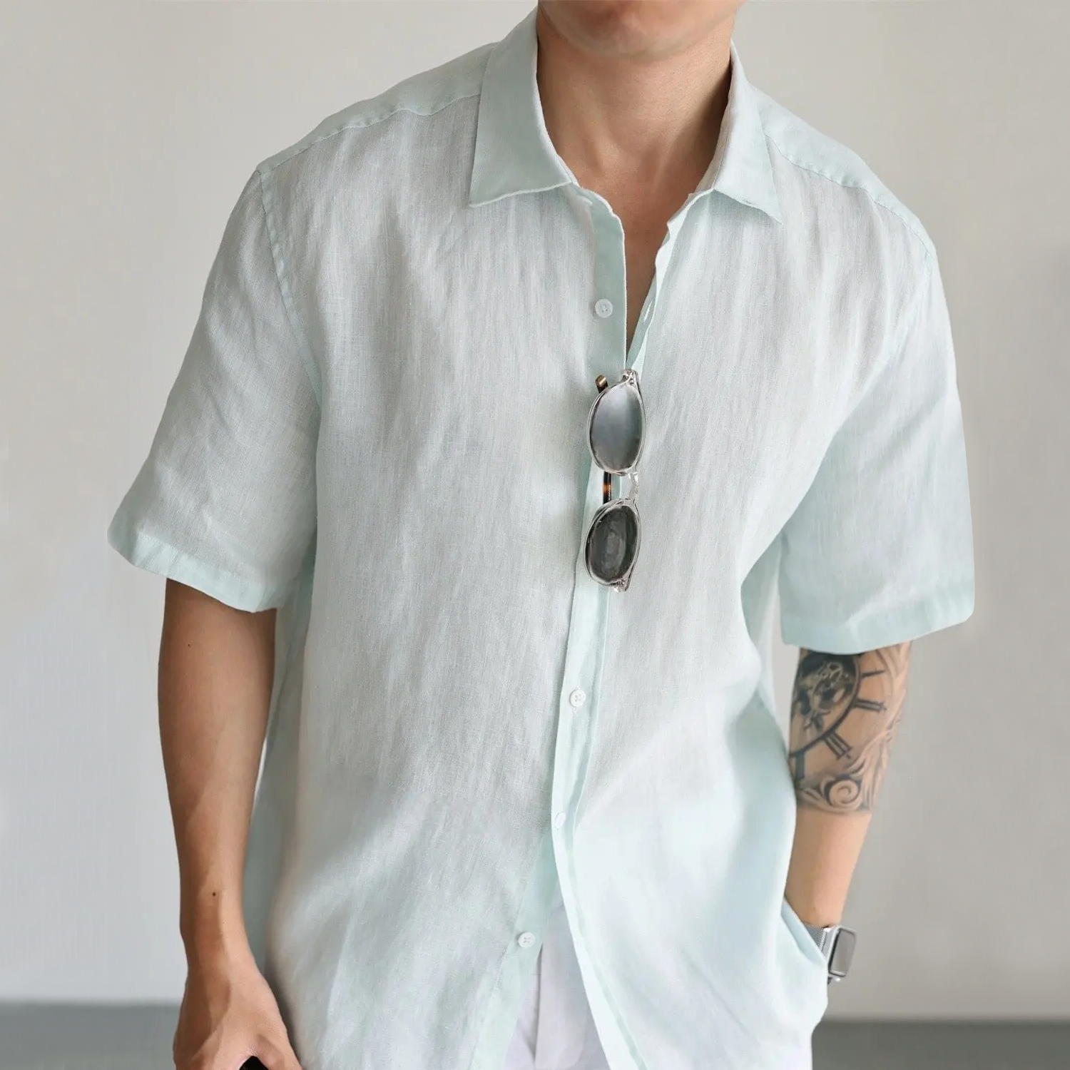 100% European Linen Short Sleeve Shirt for Men REAL SILK LIFE