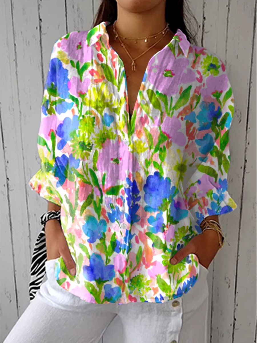 Women's Bright Flower Art Print Casual Linen V-neck Shirt