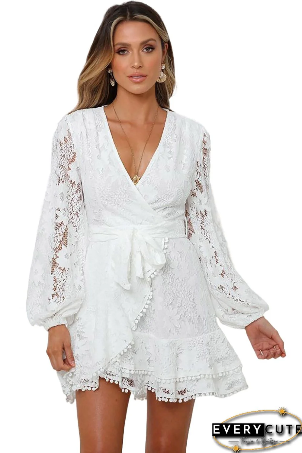 White Wrap V Neck Lace Bubble Sleeve Mini Dress