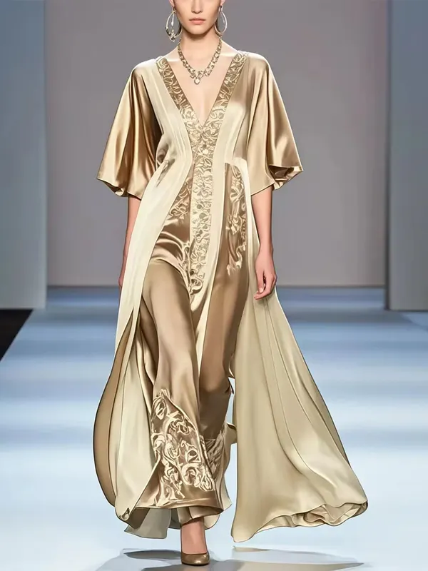 Champagne V-neck Silk Maxi Dress