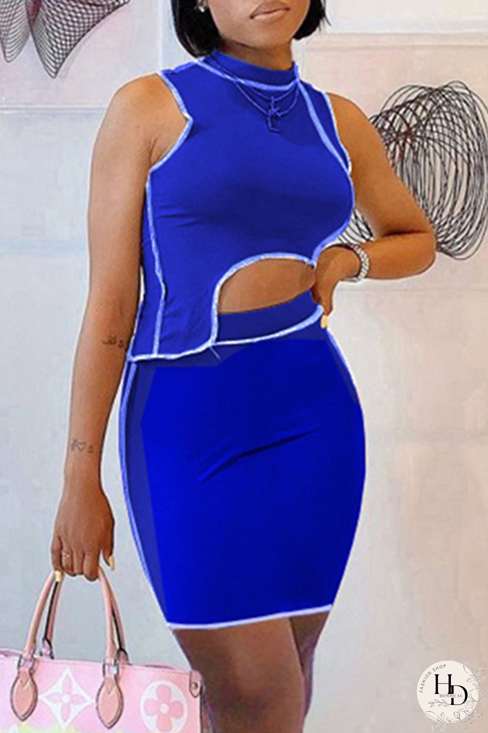 Blue Sexy Casual Solid Split Joint Asymmetrical Half A Turtleneck Sleeveless Two Pieces