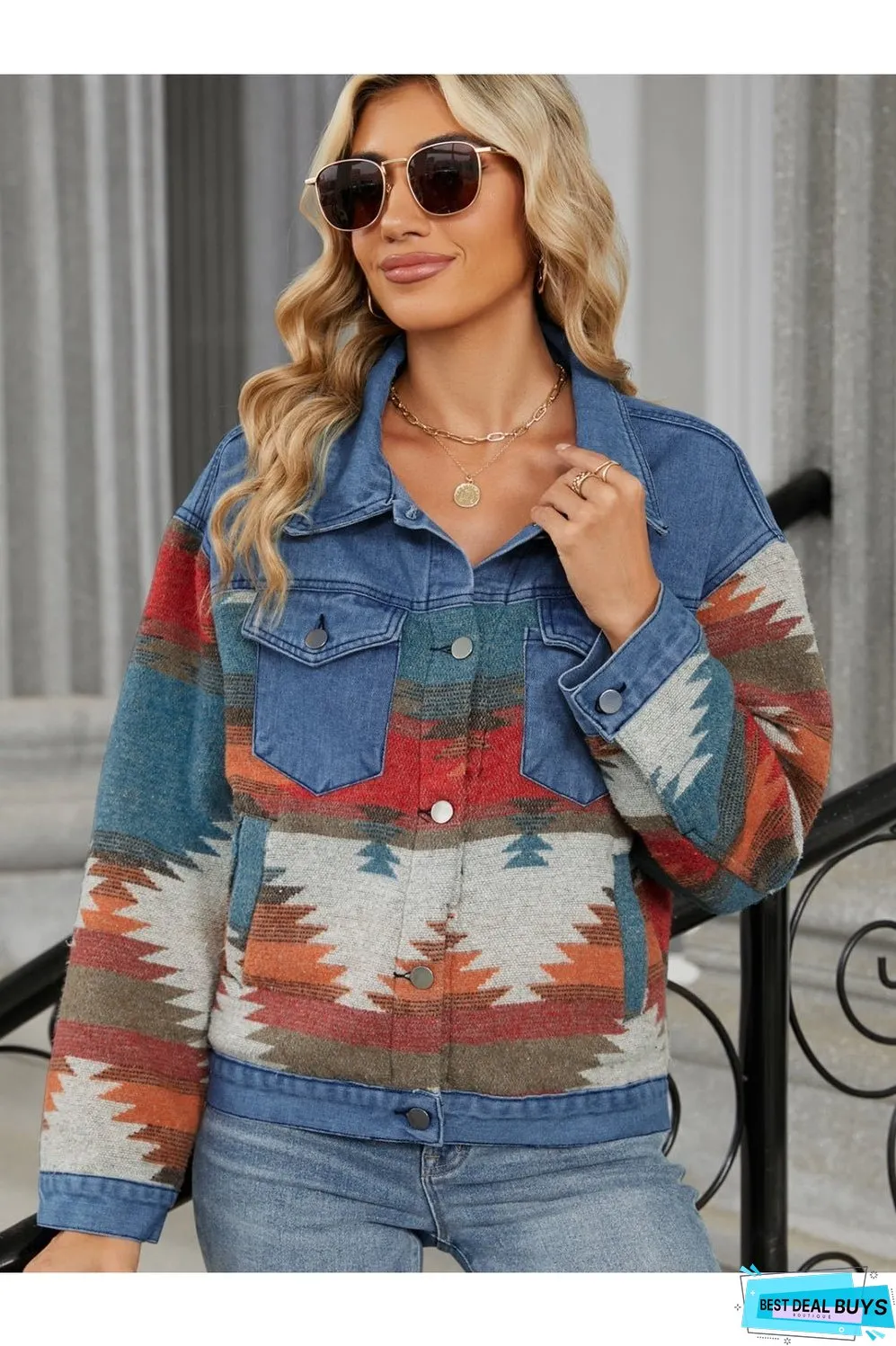 Geometric Button Up Long Sleeve Denim Jacket