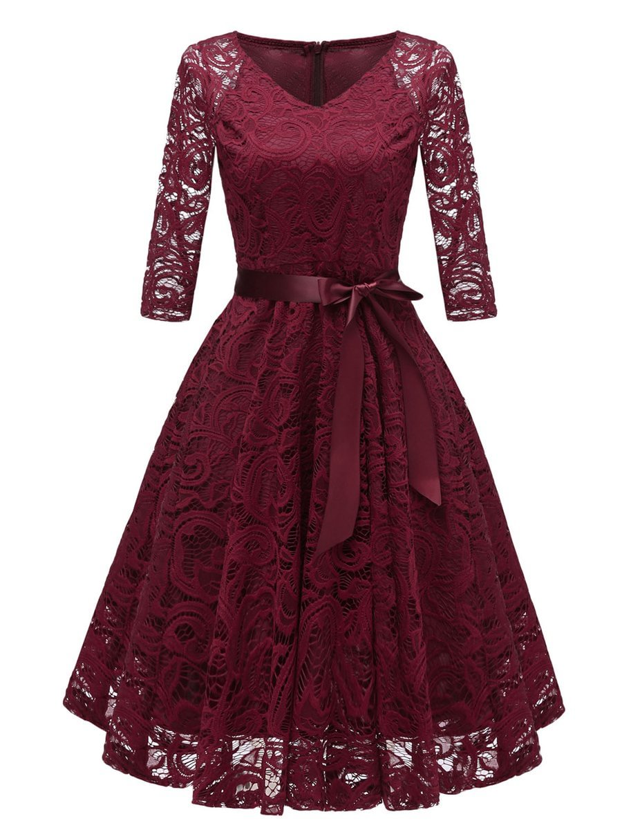 V Neck Long Sleeve Lace Bow Decor Dress