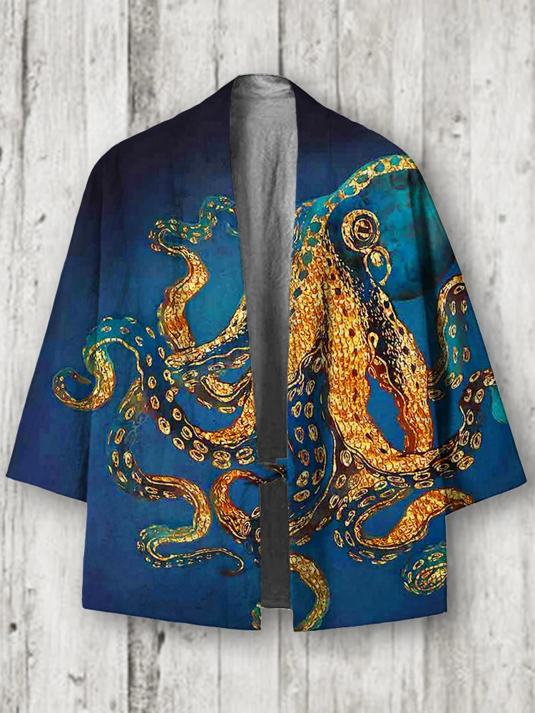Ocean Octopus Japanese Art Linen Blend Kimono Cardigan