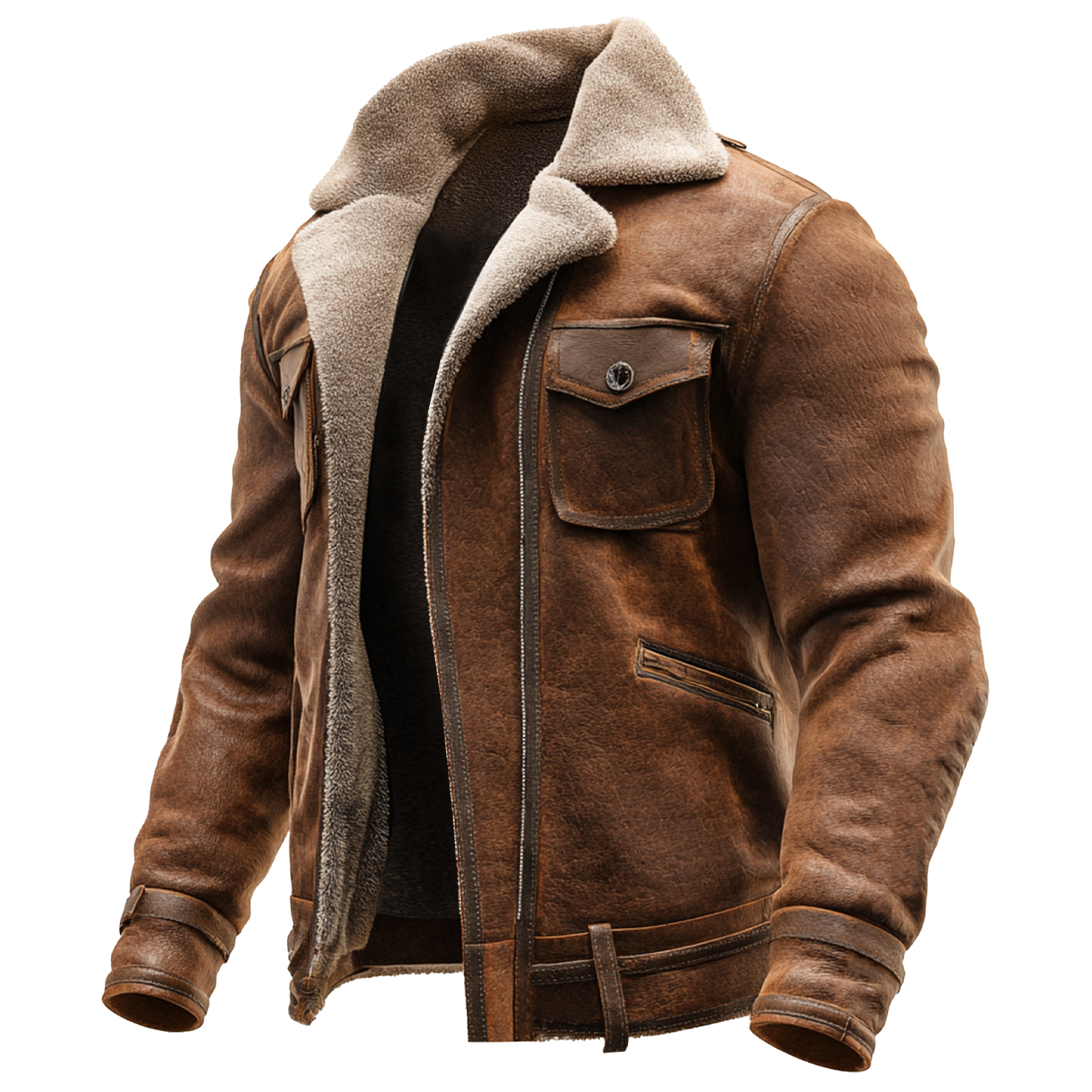 Vintage Brown Leather Jacket with Faux Shearling Lining