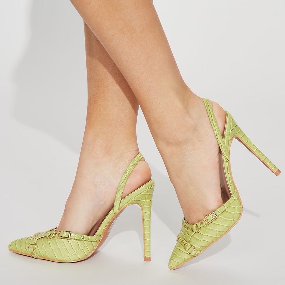 Green Crocodile  Pointed Toe Pumps With Chain Decor Slingback Stiletto Heel Nicepairs
