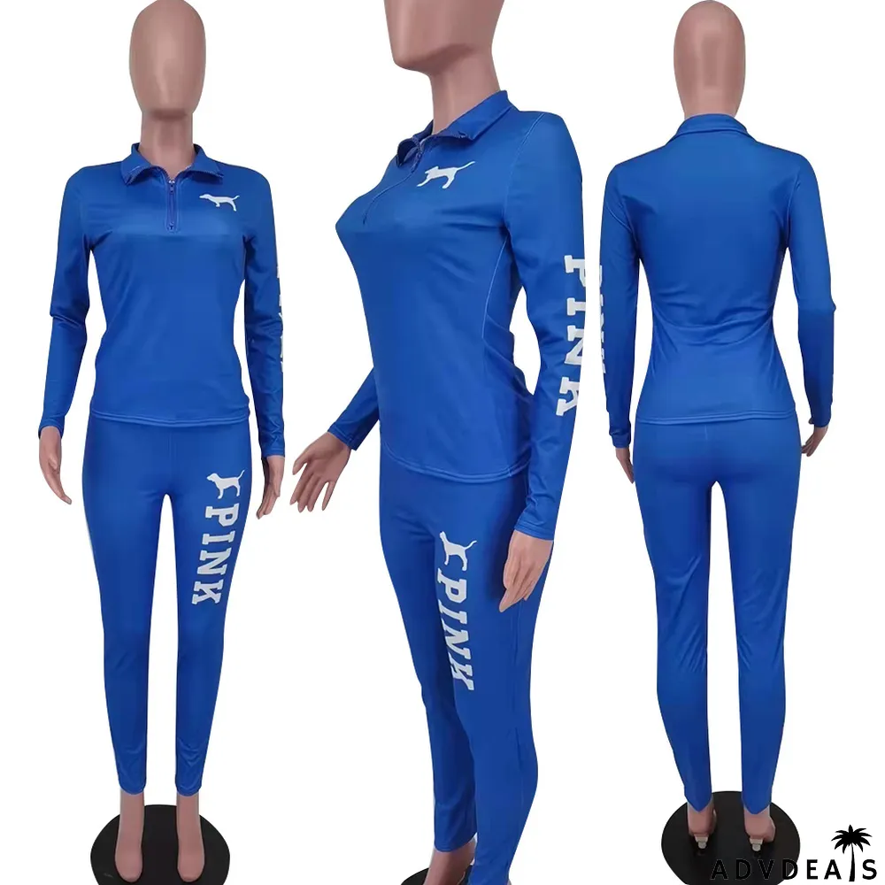 Pink Letter Print Long Sleeve Two Piece Sets