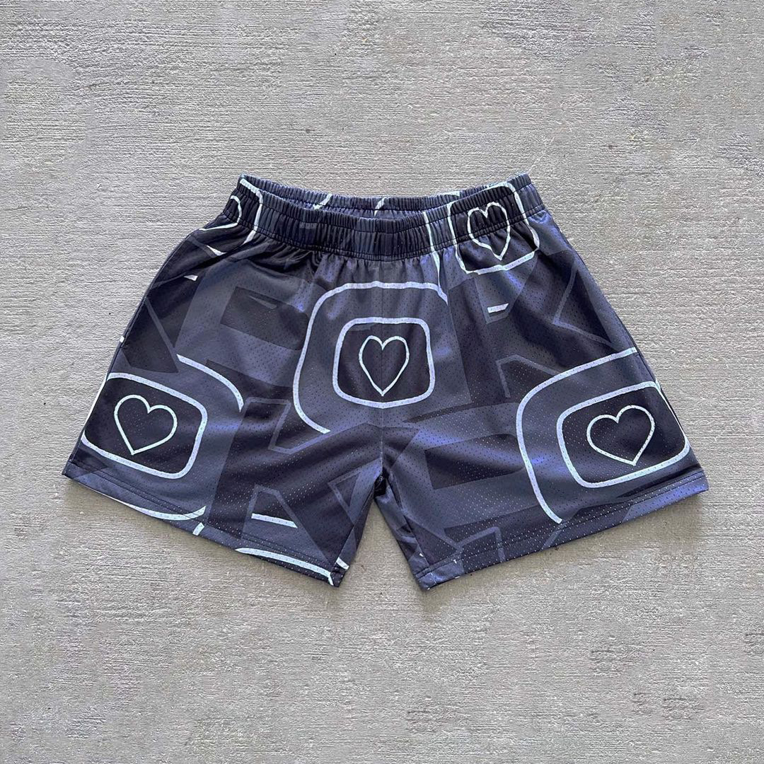 Vintage Heart Love Graphic Casual Street Mesh Shorts - SOPULA