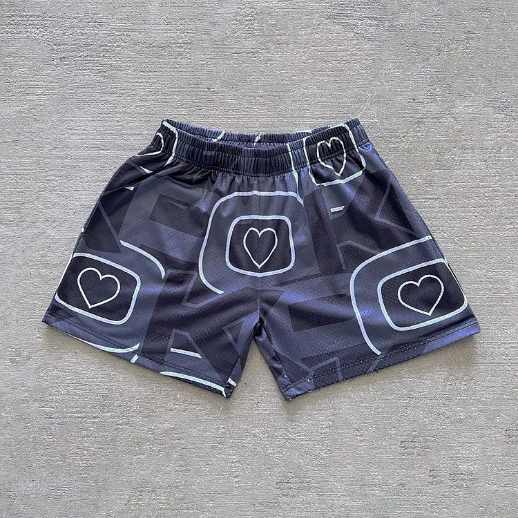 Vintage Heart Love Graphic Casual Street Mesh Shorts