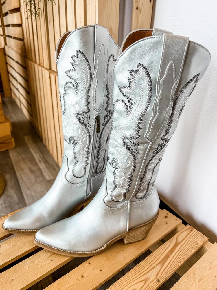 Metallic Bright Embroidered Pointed Toe Slanted Heel Western Mid Calf Boots