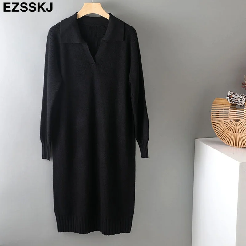 2021 Autumn Winter warm chic polo callor midi straight sweater Dress Women Casual oversize Sweater Dresses maix THICK  Dress