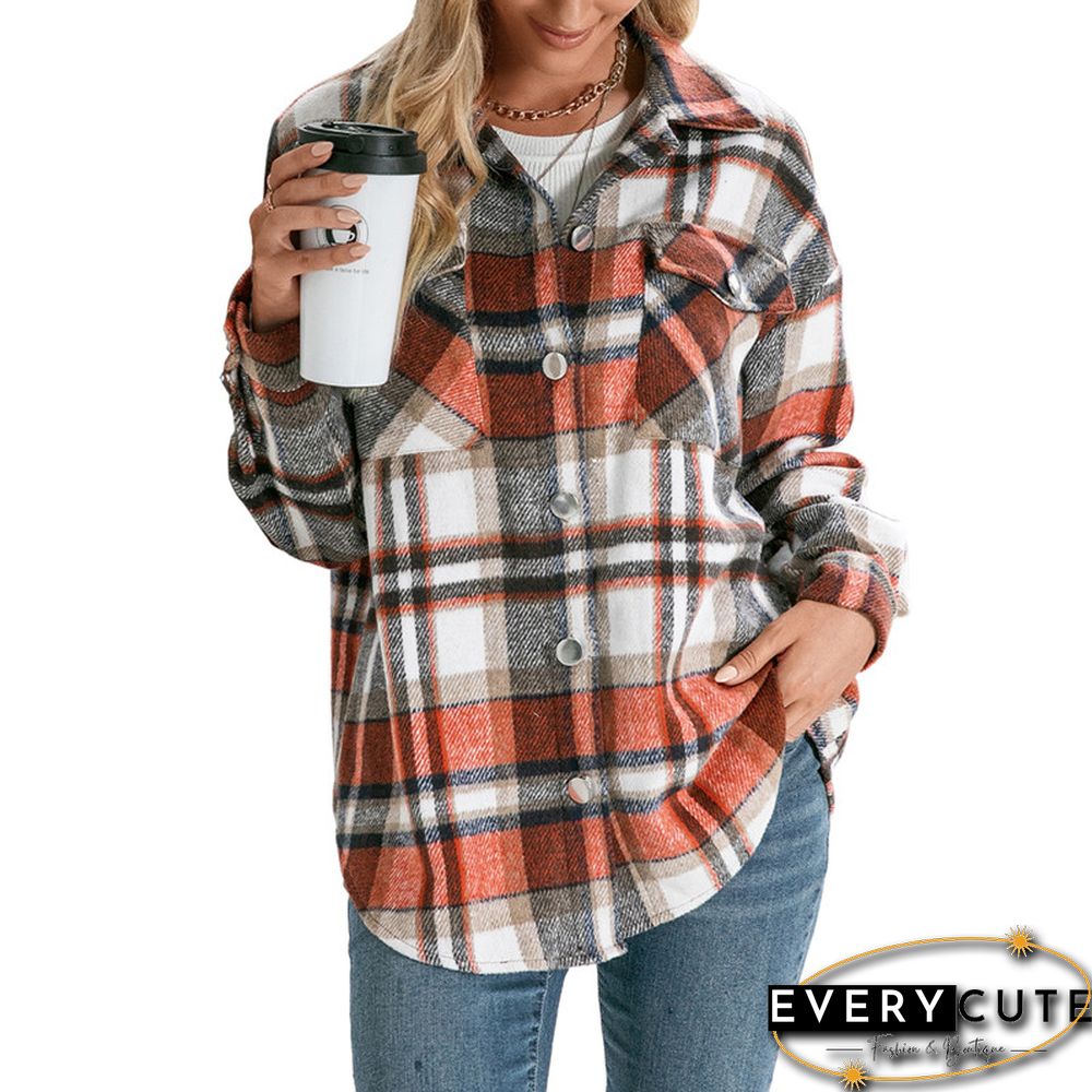 Women Plaid Printed Pattern Coat Long Sleeve Button-down Collared Jacket With Pockets Ladies Tops Autumn Winter Clothes
