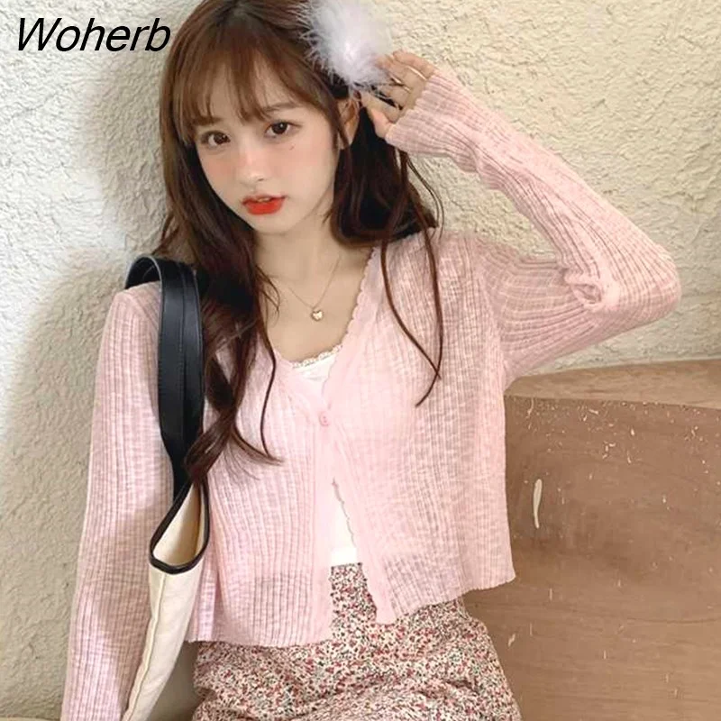 Woherb Women Summer Sweet Sunscreen New Korean Fashion Chic Harajuku Cute Tops All-match Streetwear Mujer Vintage Cropped Pink