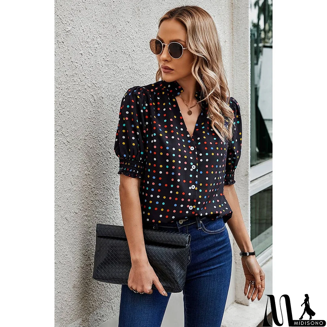 MidiSono - Polka Dot Print Puff Sleeve Button Shirt
