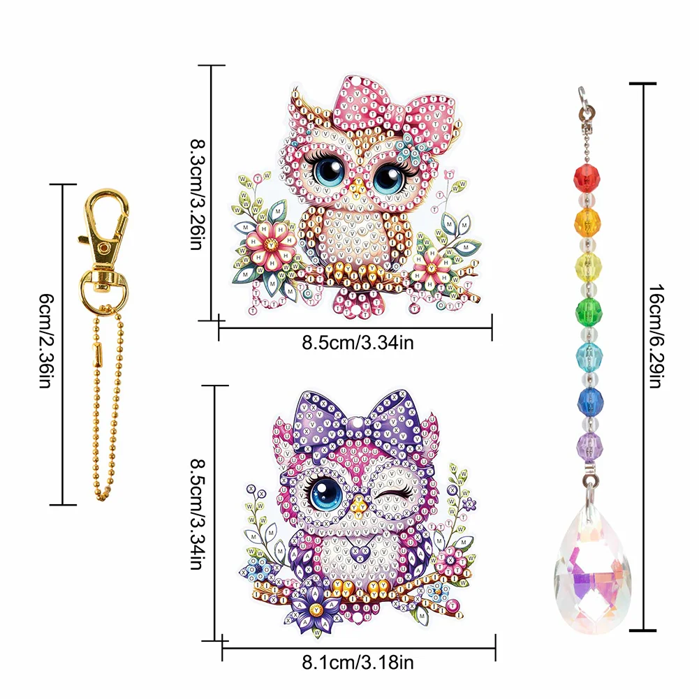 2Pcs 5D DIY Diamond Painting Sun Catcher Crystal Painting Ornaments (Owl)