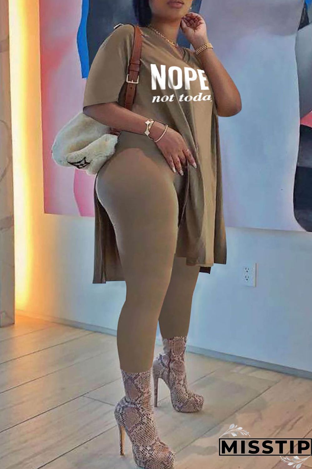 Black Fashion Casual Letter Print Slit V Neck Plus Size Two Pieces