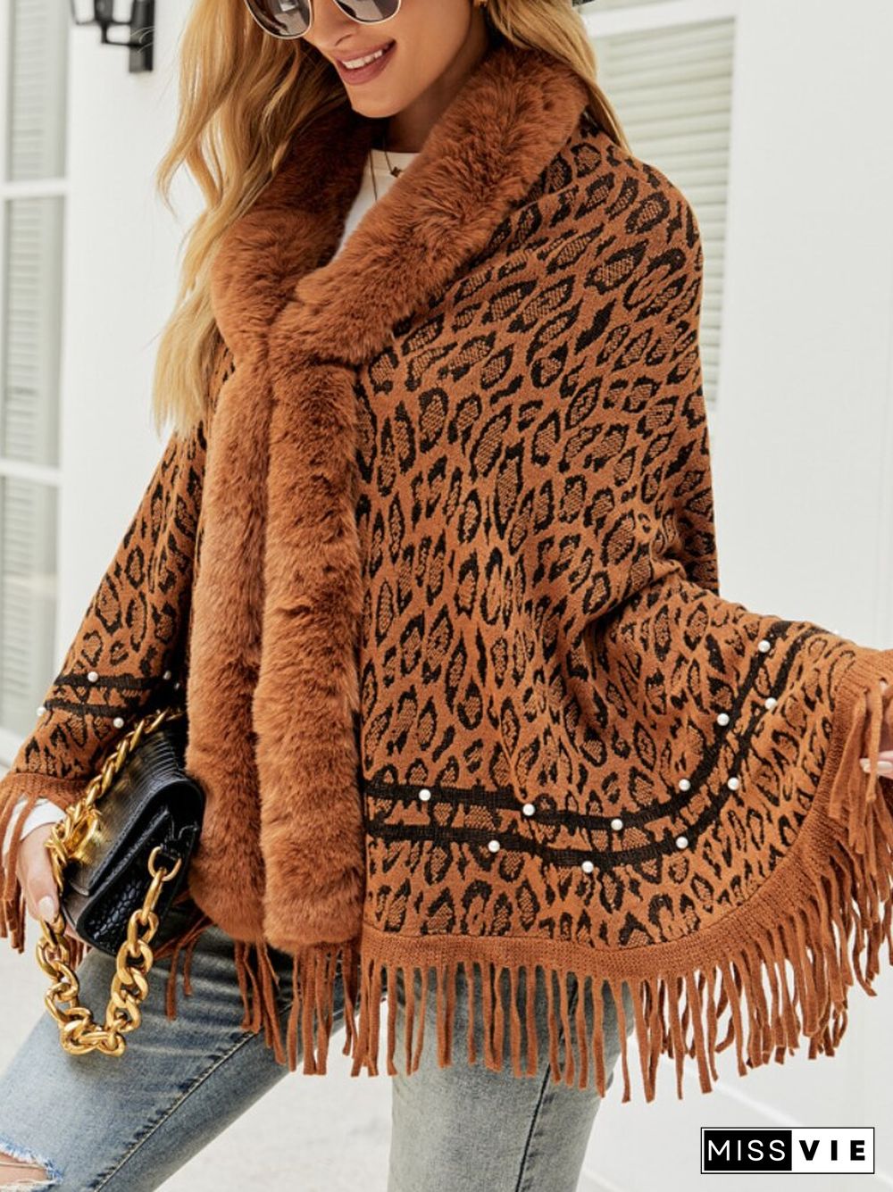 Autumn Winter New Leopard Print Shawl Fashionable Women's Hem Tassel Warm Knitting Bib Shawl Thickened Winter Coat Coat Top