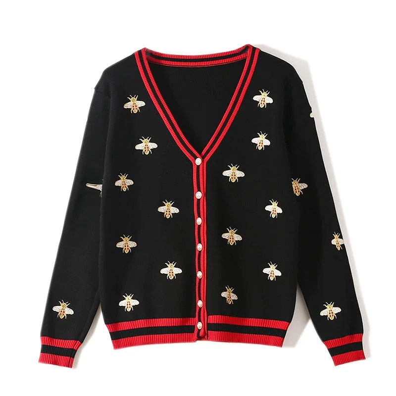 High Quality Fashion Designer Bee Embroidery Cardigan Long Sleeve Single Breasted Contrast Color Button Knitted Sweaters C-196