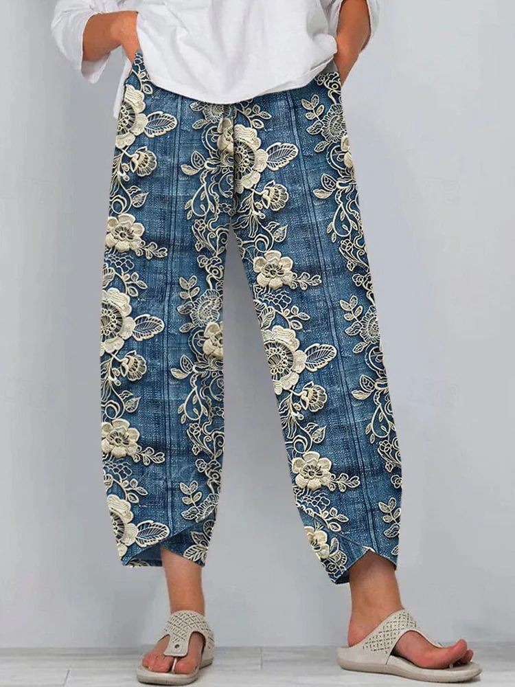 Women's Boho Lace Floral Embroidered Linen Blend Pants
