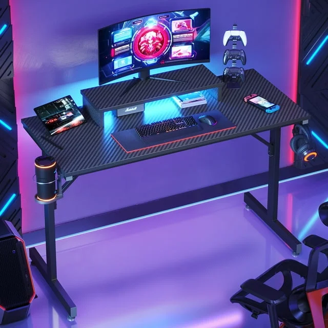 Bestier 42" Gaming Desk PC Computer Office Table Desk with LED Lights & Monitor Stand & Headphone Hook & Cup Holder