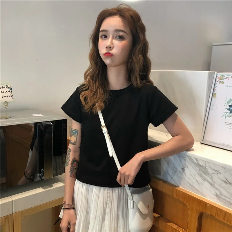 Uveng Uveng Cotton 2024 Summer Wear New Pure Cotton Short Style Show Thin Crop Short-Sleeve T-Shirt Women's Slim And Versatile Pure Color Jacket Tide