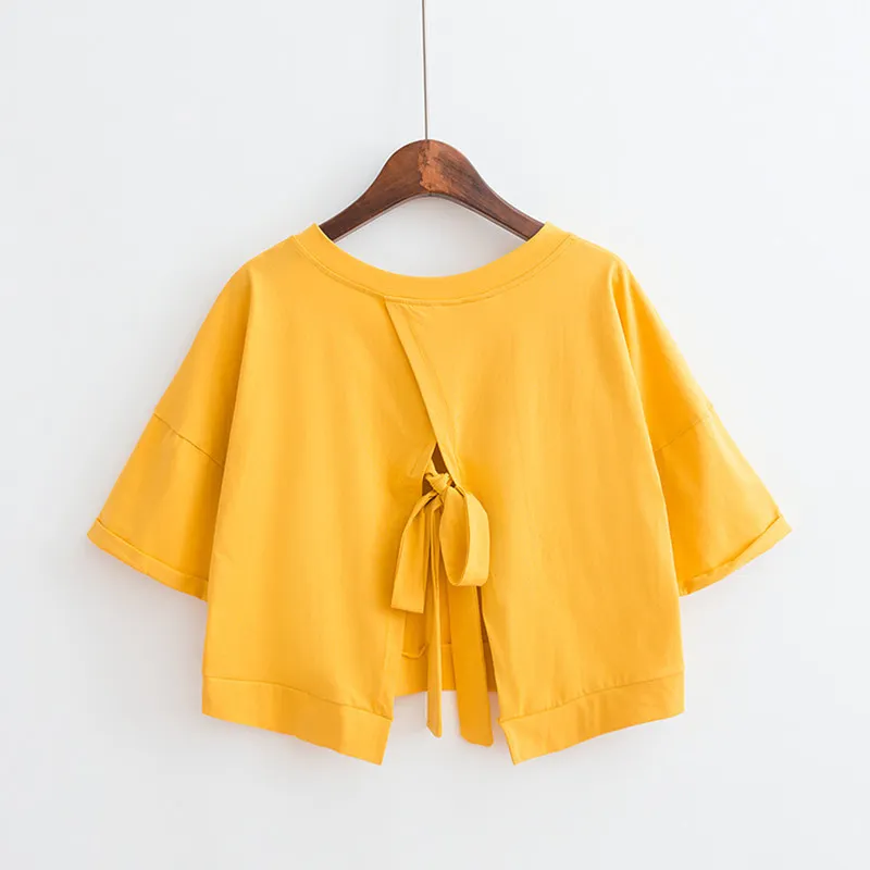 Brownm Brownm Summer Pure Color Back Splicing Fork V-Neck Loose Short Jacket Female Student Strap Short Sleeve T-Shirt Women's Wear