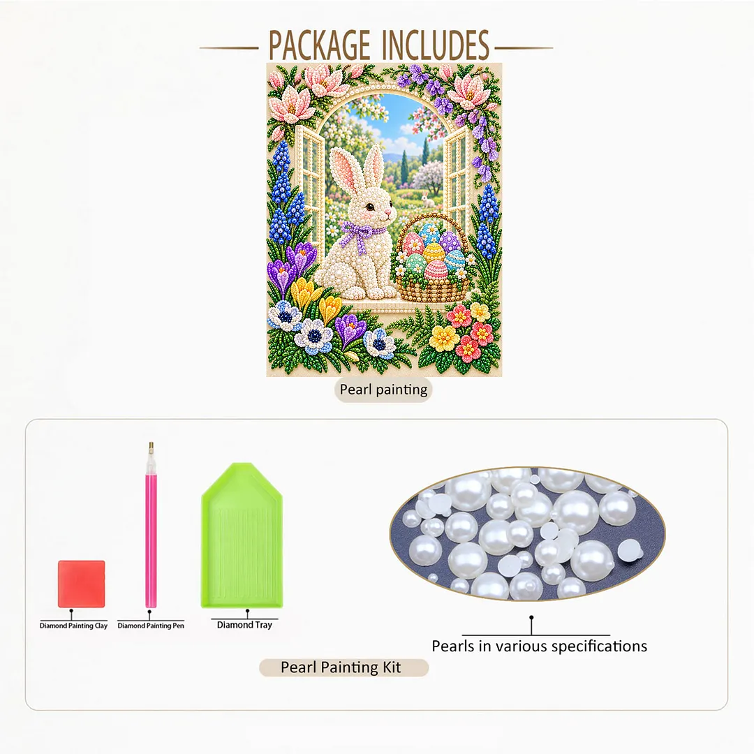Pearl Painting Kit for Adults Easter Bunny Home Decor Framed 11.81x15.75in