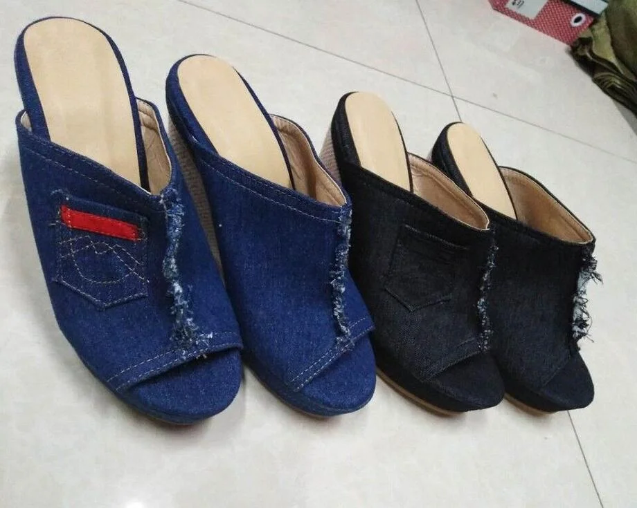 New Brand Hot Women's High Heels Fashion Denim Slippers Women Wedge Heel Toe Platform Shoes Large Size 35-43 Zapatos De Mujer