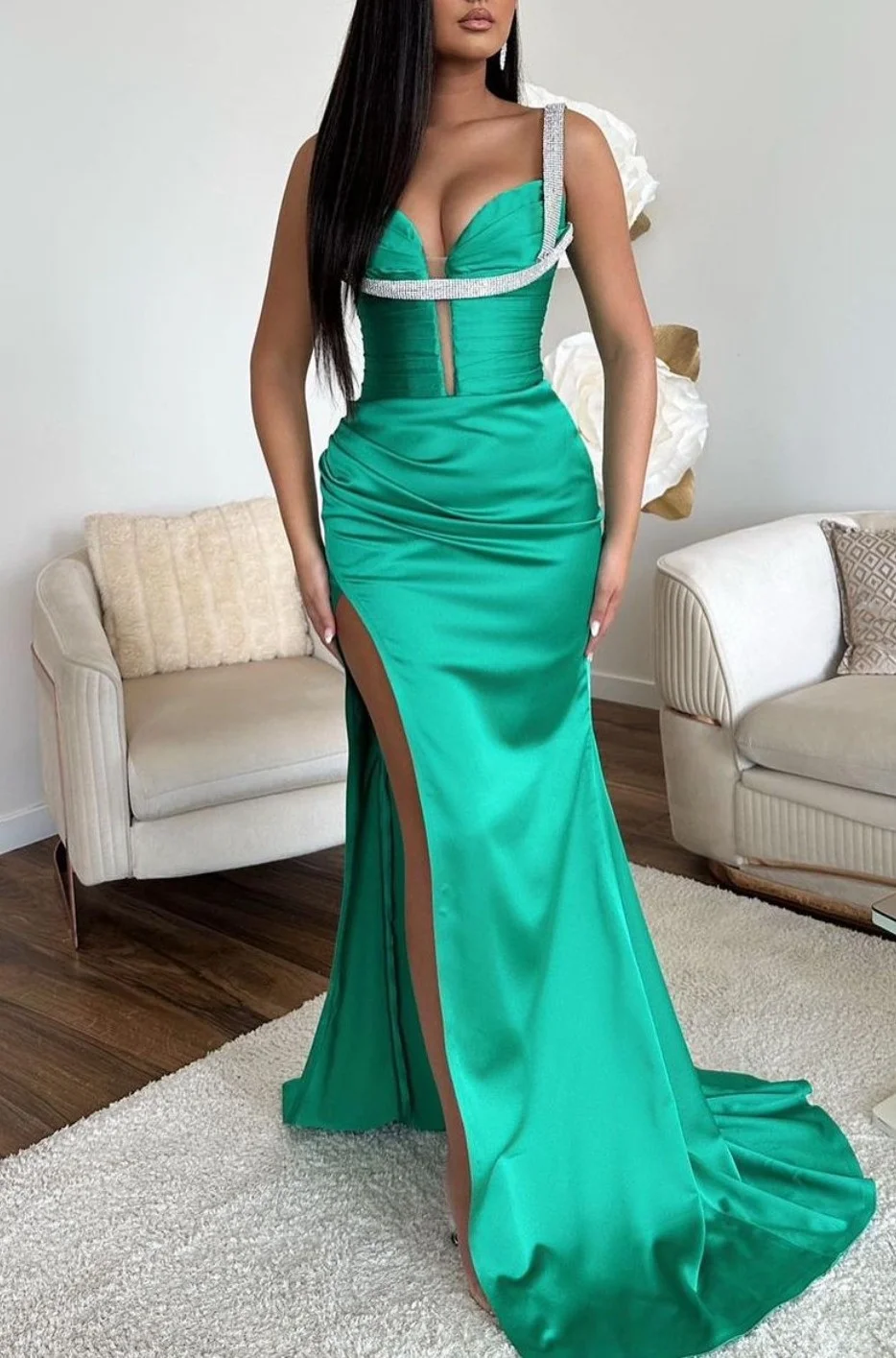 Jade Prom Dress Sleeveless Spaghetti Strap Mermaid With High Slit V Neck YL0313