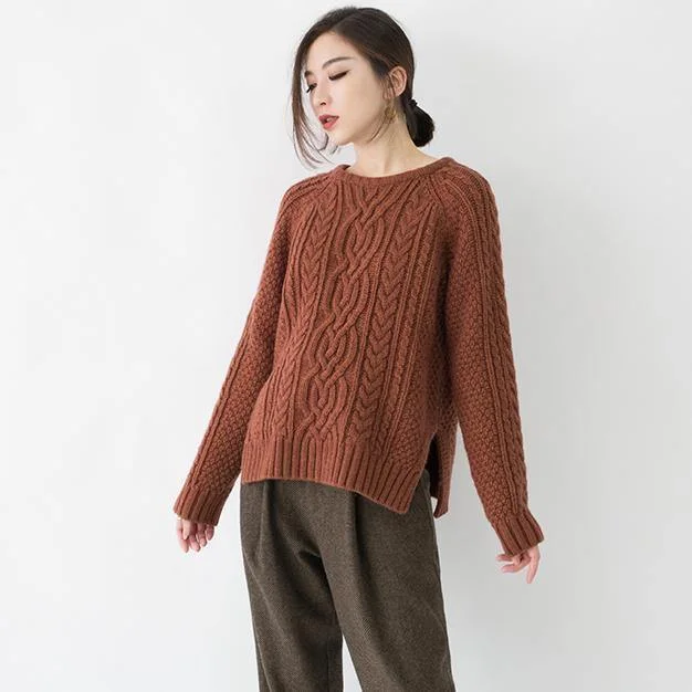 2019 chocolate chunky cozy sweater Loose fitting O neck side open knit sweat tops boutique cable knit blouse