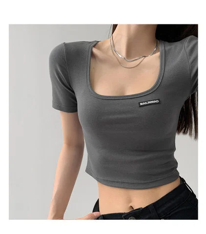 Uveng Uveng Collar Dew Collarbone Slim Bottom Shirt 2024 Summer New Short-Sleeve Crop Cord T-Shirt Student Short Jacket Female Ins