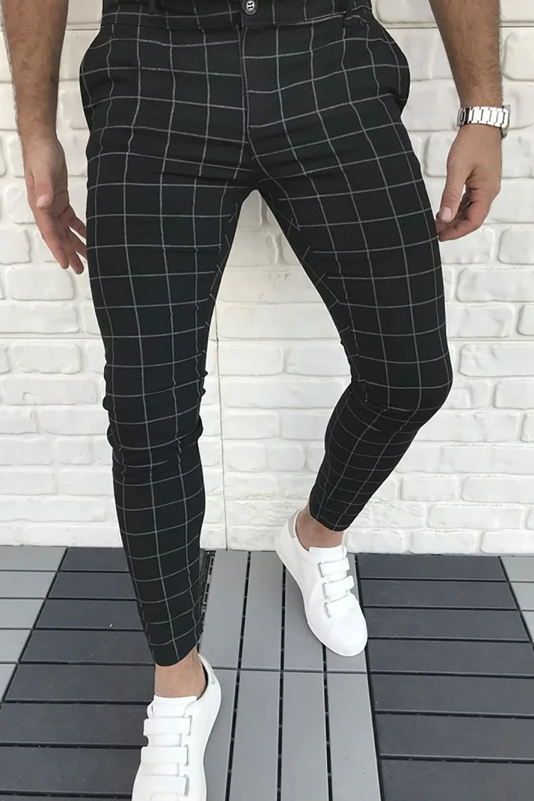 Men's Plaid Pattern Print Casual Skinny Pants