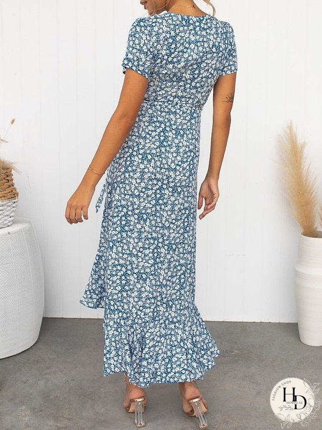 Casual Dress Wrap Dress Floral Dress Ditsy Floral Lace up Split V Neck Midi Dress Active Fashion Daily Holiday Short Sleeve Regular Fit Red Blue Summer Spring S M L XL for Women