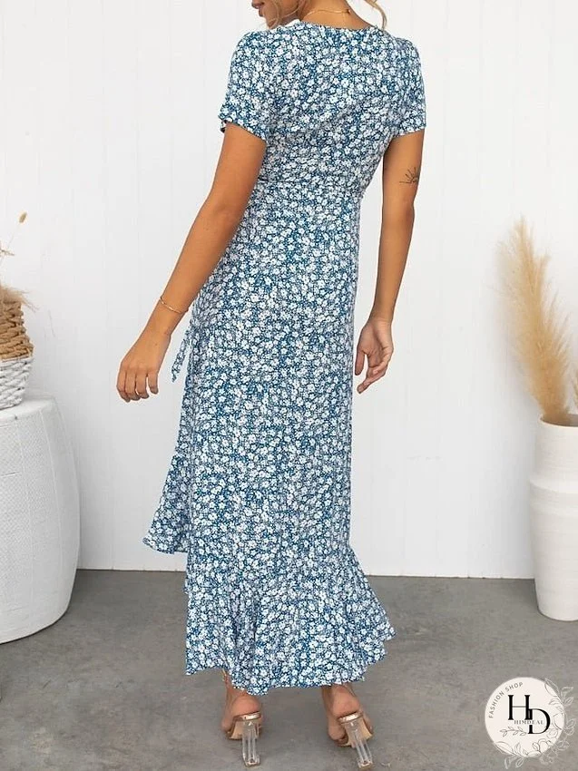 Casual Dress Wrap Dress Floral Dress Ditsy Floral Lace up Split V Neck Midi Dress Active Fashion Daily Holiday Short Sleeve Regular Fit Red Blue Summer Spring S M L XL for Women