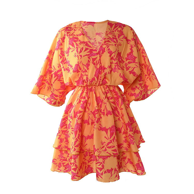 Flaxmaker V Neck Loose Elastic Waist Blossom Printed Mini Dress