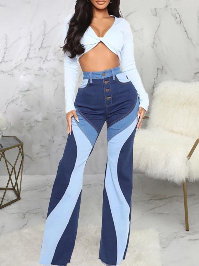 Stitching Washed Denim Stretch Slim Flared Pants