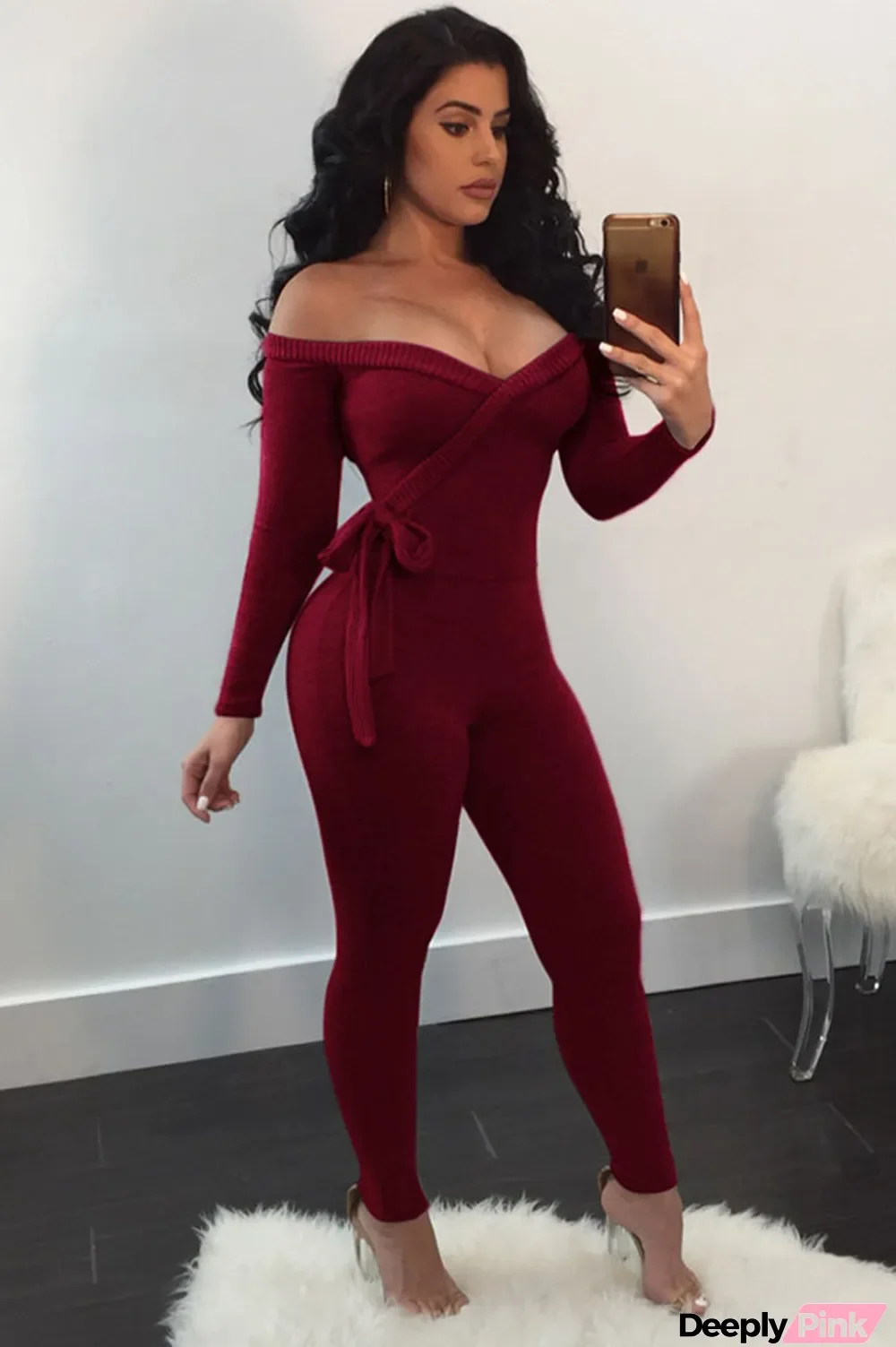 Wine Red Cotton Long Sleeve Mid bandage Solid pencil Pants