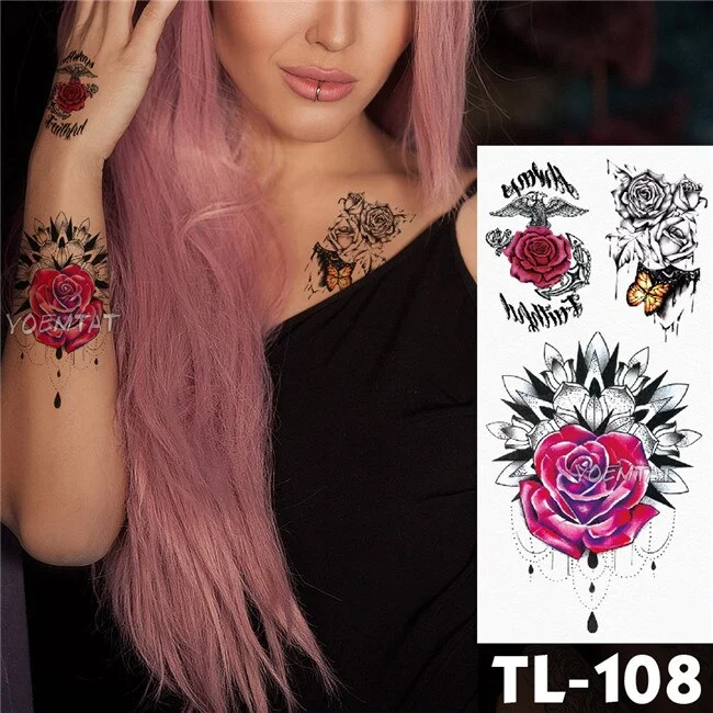 Water Transfer Deep pink henna lace rose flower Temporary Tattoo Sticker butterfly Pattern body art Waterproof Fake Flash Tattoo