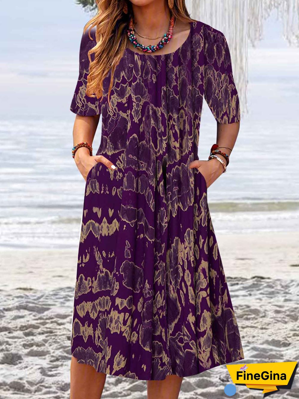 Women's Stylish Floral Print Short Sleeves Round Neck Pockets MIDI Dress