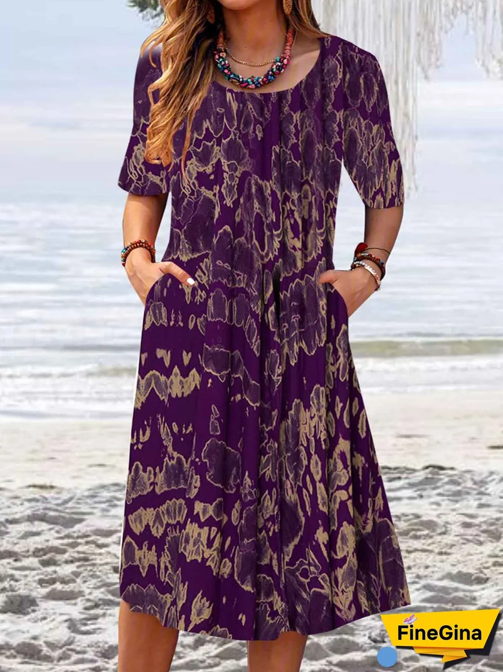 Women's Stylish Floral Print Short Sleeves Round Neck Pockets MIDI Dress