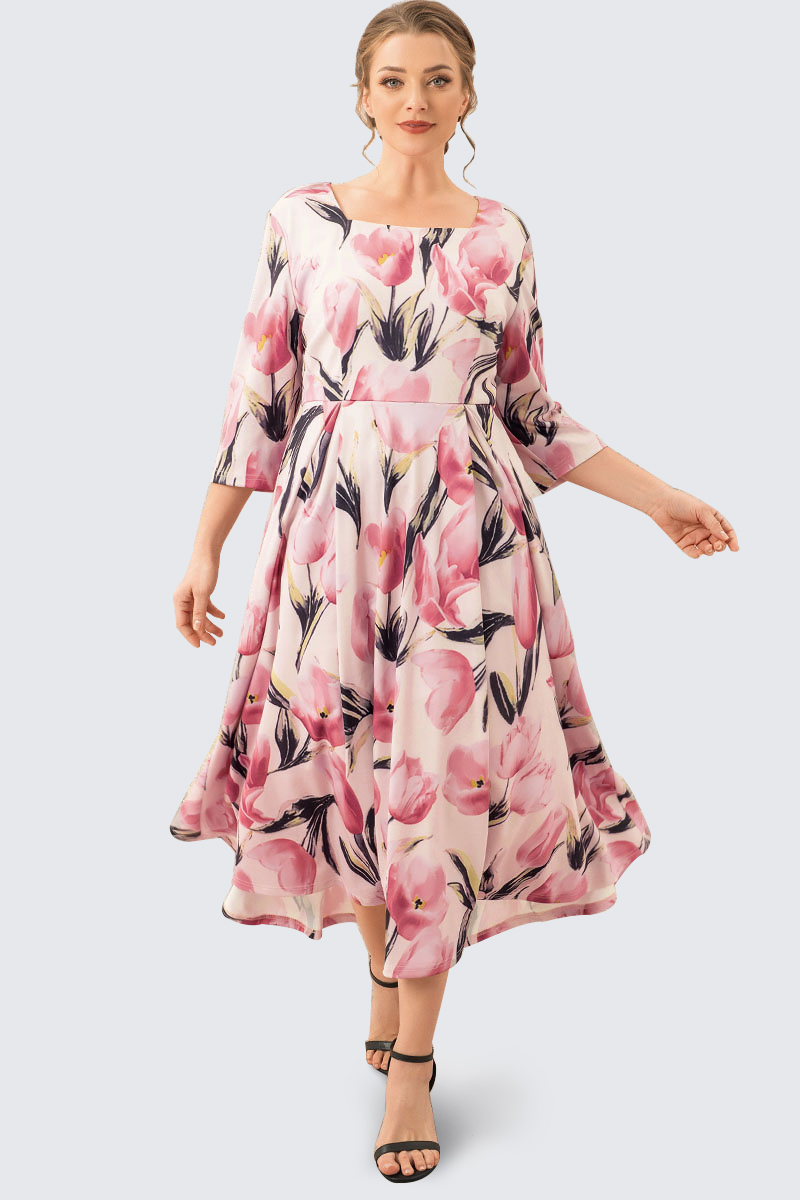 Flycurvy Plus Size Casual Pink Tulip Print Square Neck 3/4 Sleeve Tunic Maxi Dress