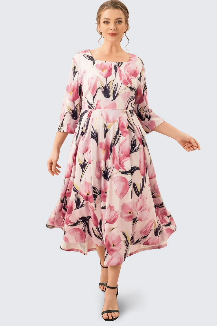 Flycurvy Plus Size Casual Pink Tulip Print Square Neck 3/4 Sleeve Tunic Maxi Dress  Flycurvy [product_label]