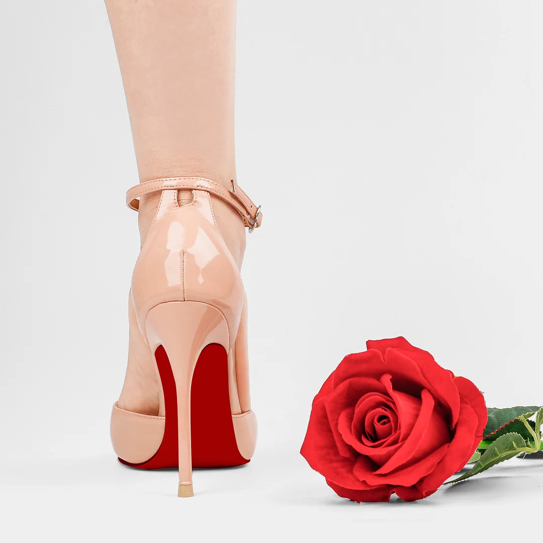 3.94" Women's Ankle Buckle Pointed Toe Pumps Wedding Party Red Bottoms High Heels-MERUMOTE