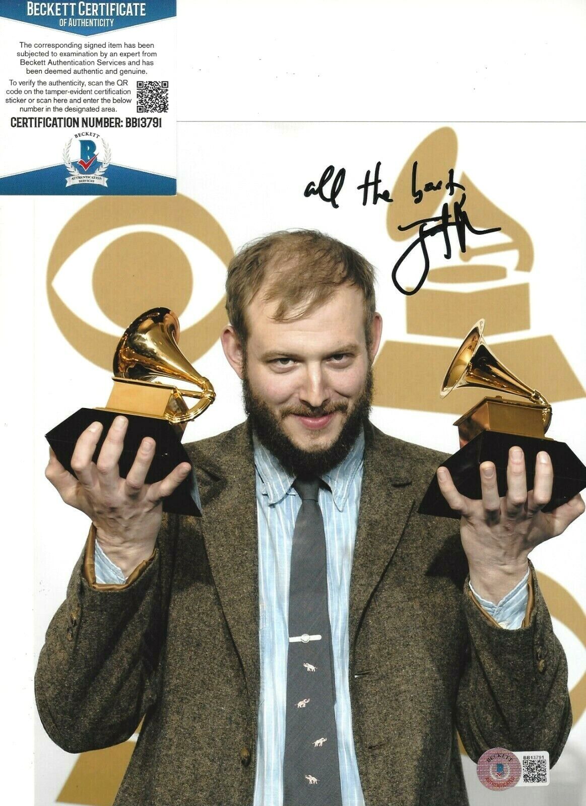 BON IVER JUSTIN VERNON SIGNED 8X10 Photo Poster painting BECKETT COA GRAMMY AWARD WINNER SINGER