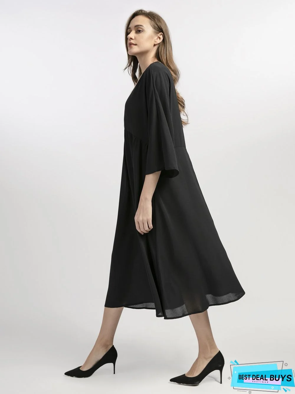 Appliqued Casual A-Line 3/4 Sleeve Weaving Dress