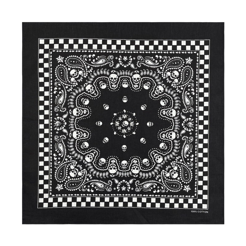 Vintage Cotton Black Double-Sided Skull Cashew Flower Square Scarf
