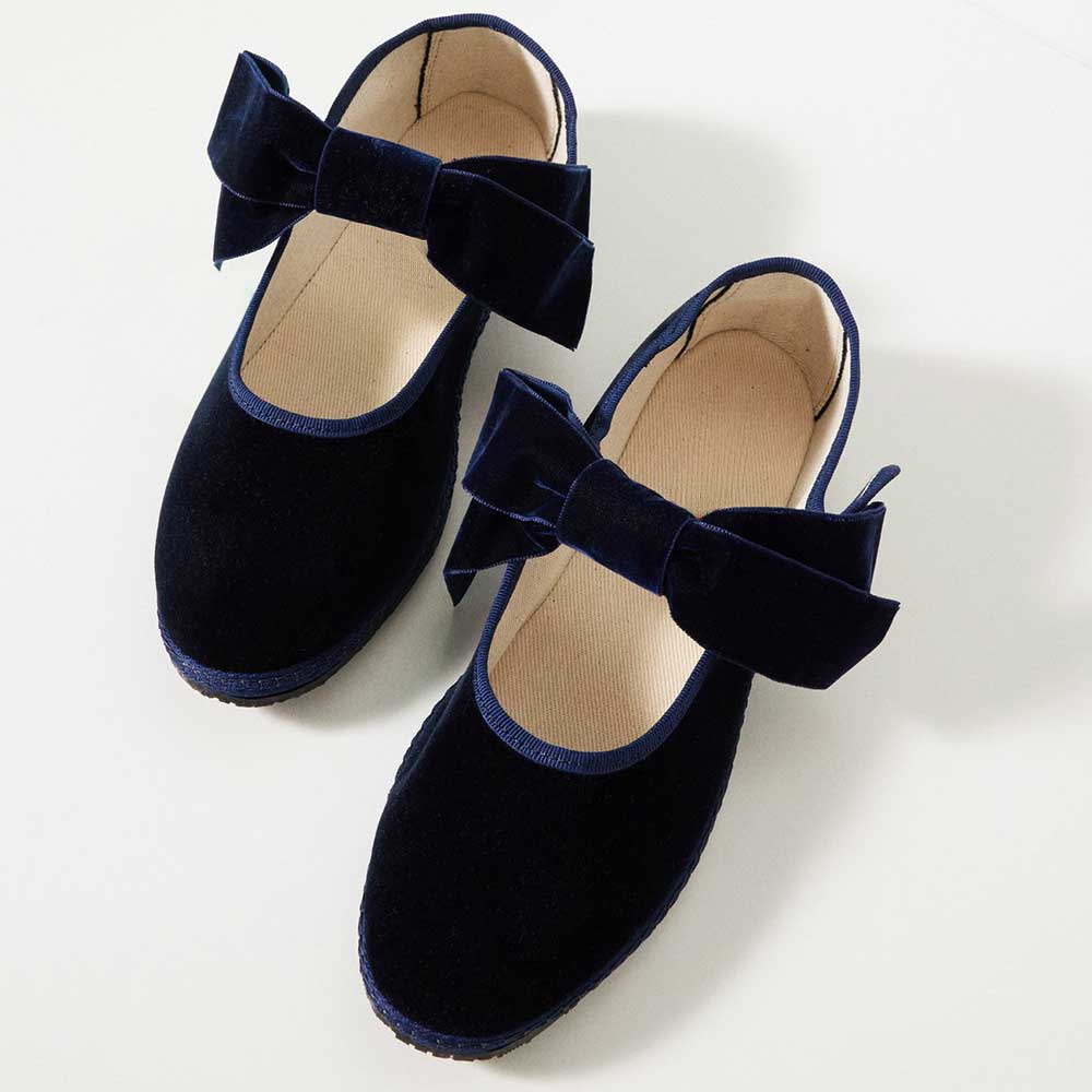 Women's Navy Blue Velvet Round Toe Bow Inlay Mary Jane Flats Nicepairs