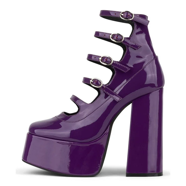 Purple Chunky Heel Platform Pumps Classic Square Toe Strappy Shoes |FSJ Shoes