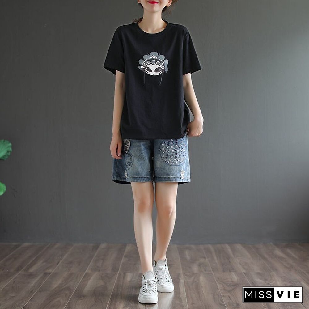 Women's Denim Shorts Loose Embroidery Pattern Wide Short Elastic Waist Summer Shorts Jeans Plus Size Clothing for Women 4xl 5xl